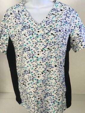 Medgear Scrub Top Women Size XS White Black w Blue Flowers Polka Dots Pockets